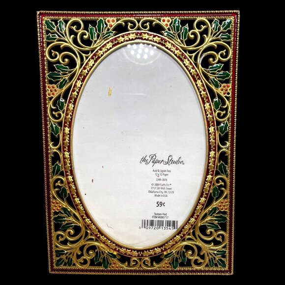 Vintage Gold & Red Holiday-Themed Oval Picture Frame With Holly Design - The Pap - Picture 1 of 13